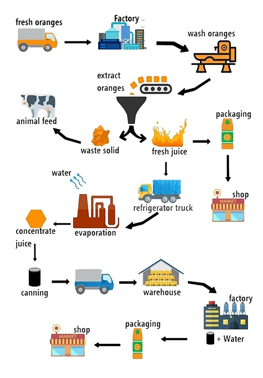 The diagram below show how orange juice is produced English