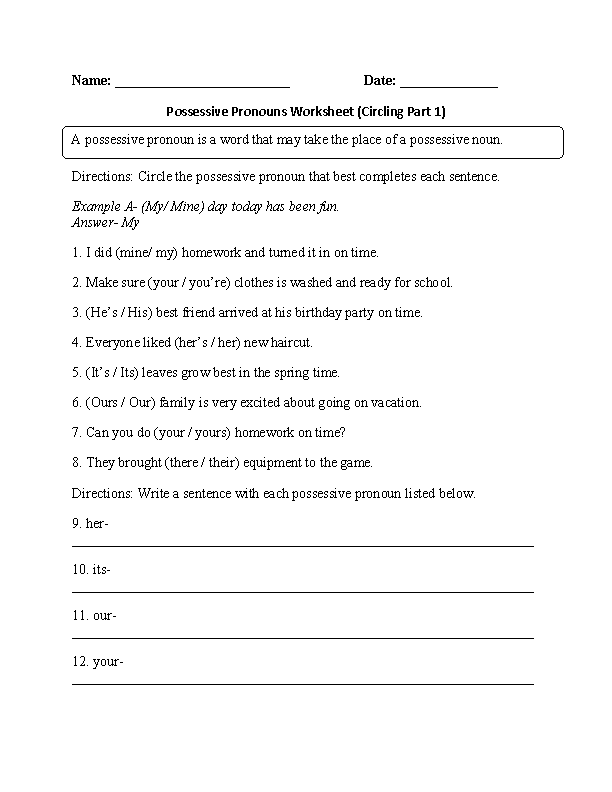 Possessive Pronoun Worksheet For Class 4